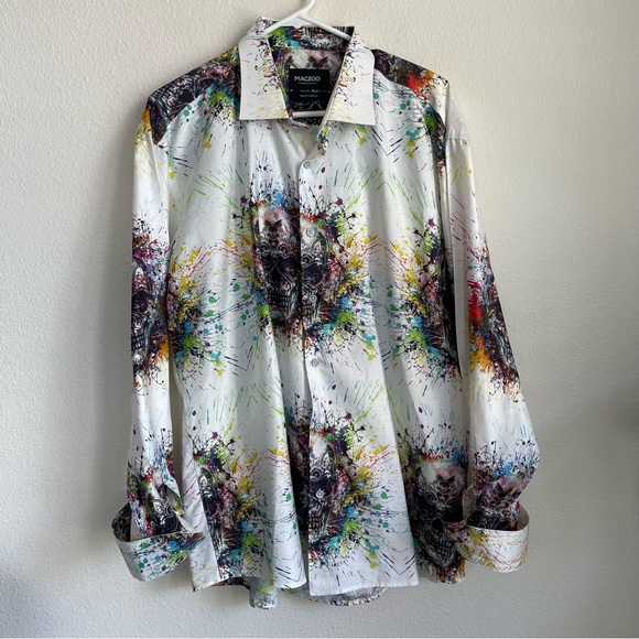 Maczoo Italian Fabric Skull Paint Splatter Button Down LS Shirt - Picture 1 of 6